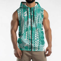 Teal Hawaii Tapa Pattern Sleeveless Zip Hoodie With Heliconia Vintage Style