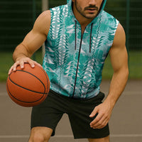 Teal Hawaii Tapa Pattern Sleeveless Zip Hoodie With Heliconia Vintage Style
