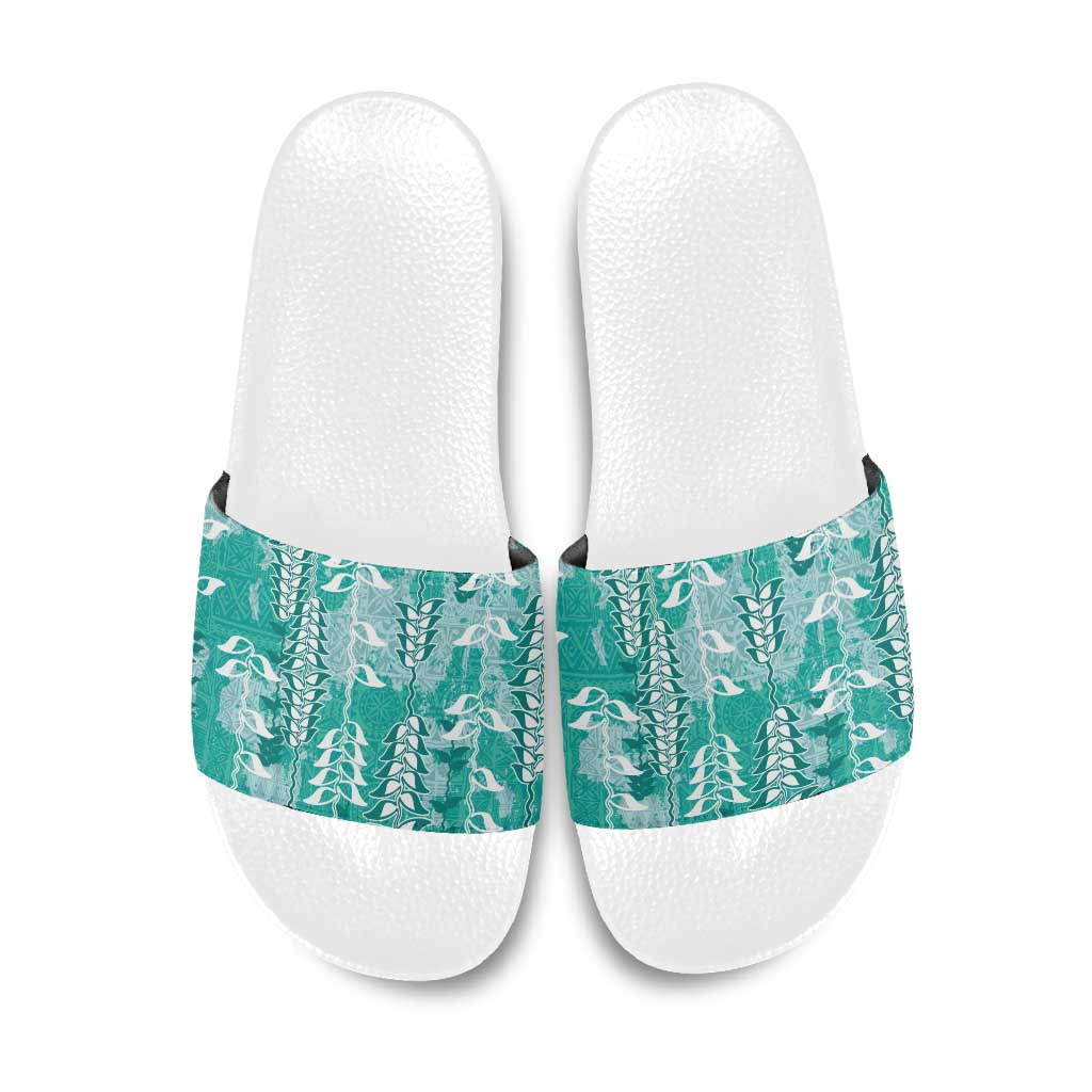 Teal Hawaii Tapa Pattern Slide Sandals With Heliconia Vintage Style