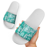 Teal Hawaii Tapa Pattern Slide Sandals With Heliconia Vintage Style