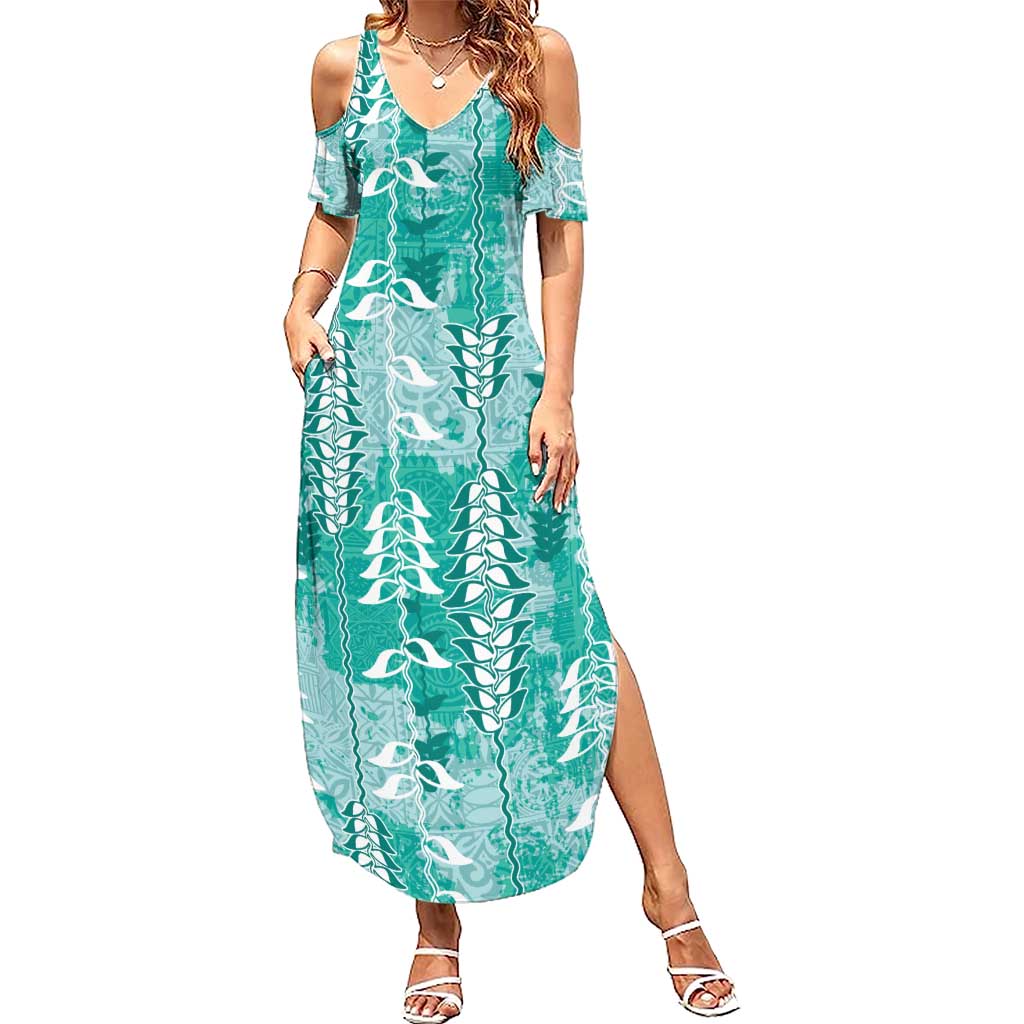 Teal Hawaii Tapa Pattern Summer Maxi Dress With Heliconia Vintage Style