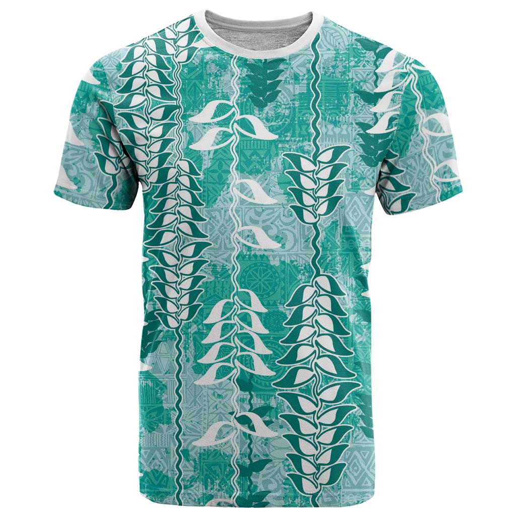 Teal Hawaii Tapa Pattern T Shirt With Heliconia Vintage Style