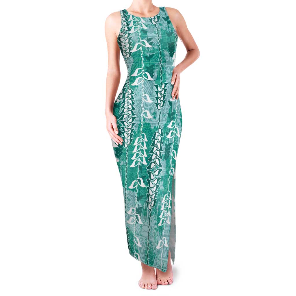 Teal Hawaii Tapa Pattern Tank Maxi Dress With Heliconia Vintage Style LT05 Women Teal - Polynesian Pride