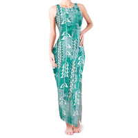 Teal Hawaii Tapa Pattern Tank Maxi Dress With Heliconia Vintage Style LT05 Women Teal - Polynesian Pride
