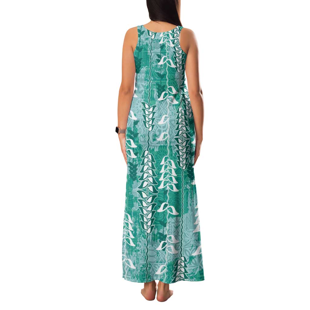 Teal Hawaii Tapa Pattern Tank Maxi Dress With Heliconia Vintage Style LT05 - Polynesian Pride