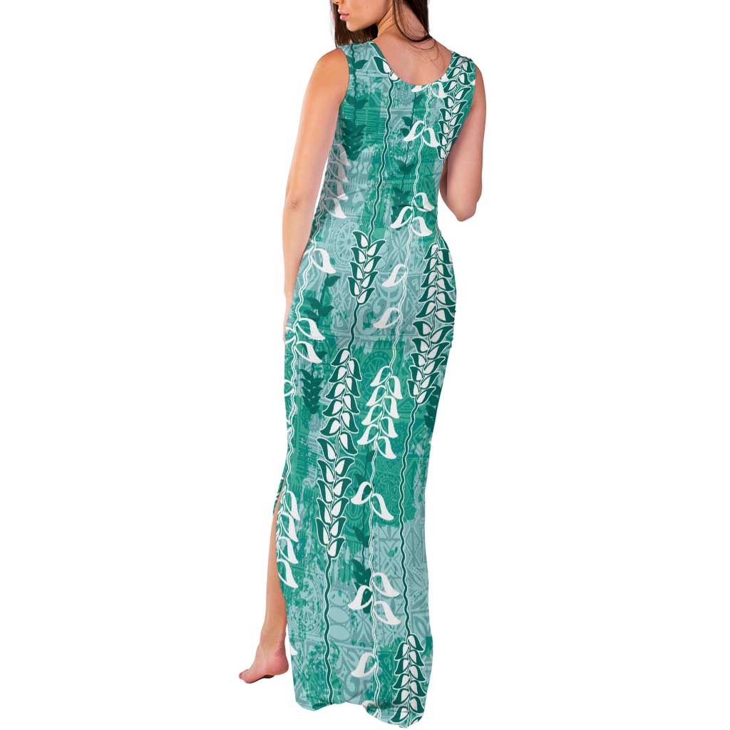 Teal Hawaii Tapa Pattern Tank Maxi Dress With Heliconia Vintage Style LT05 - Polynesian Pride