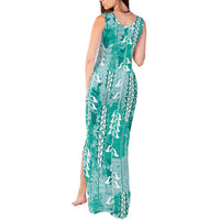 Teal Hawaii Tapa Pattern Tank Maxi Dress With Heliconia Vintage Style LT05 - Polynesian Pride