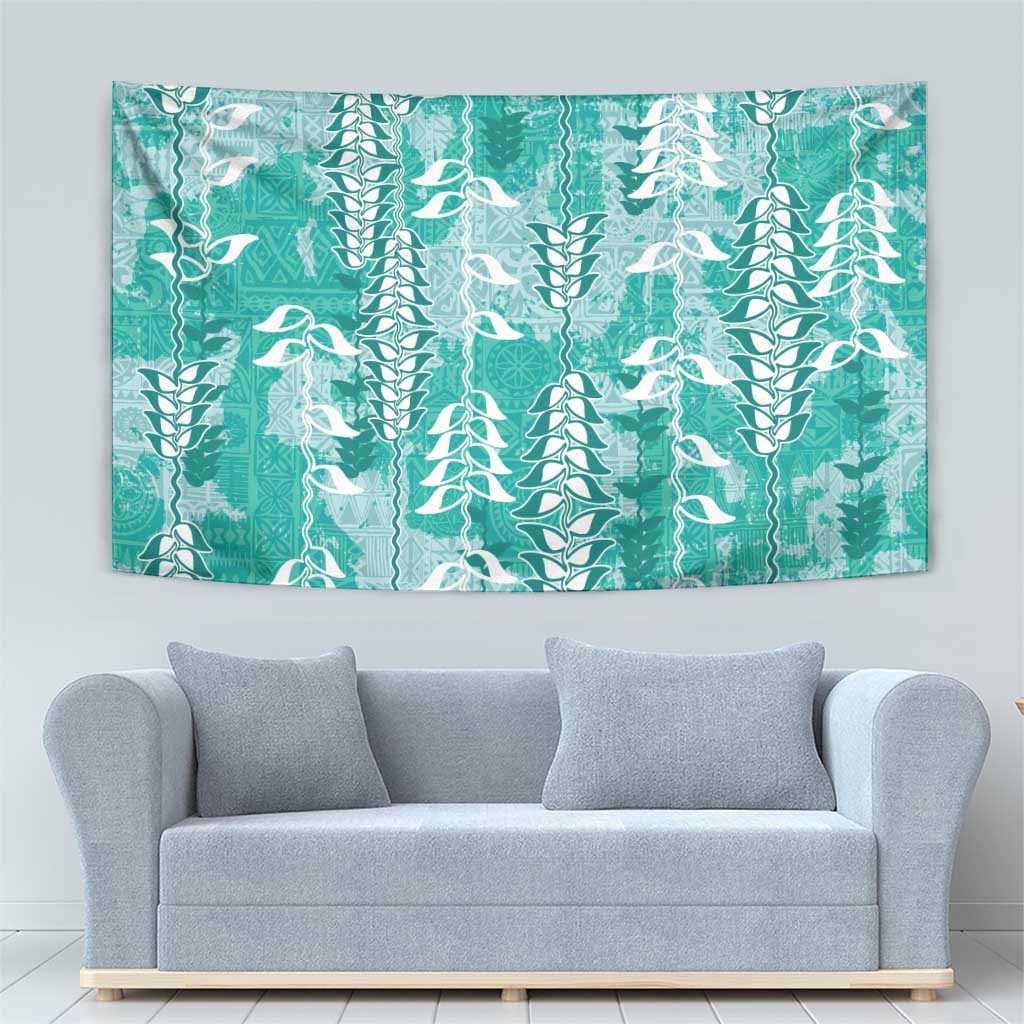 Teal Hawaii Tapa Pattern Tapestry With Heliconia Vintage Style
