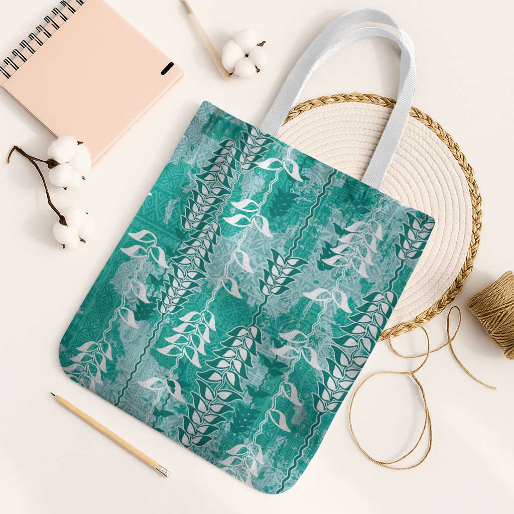 Teal Hawaii Tapa Pattern Tote Bag With Heliconia Vintage Style