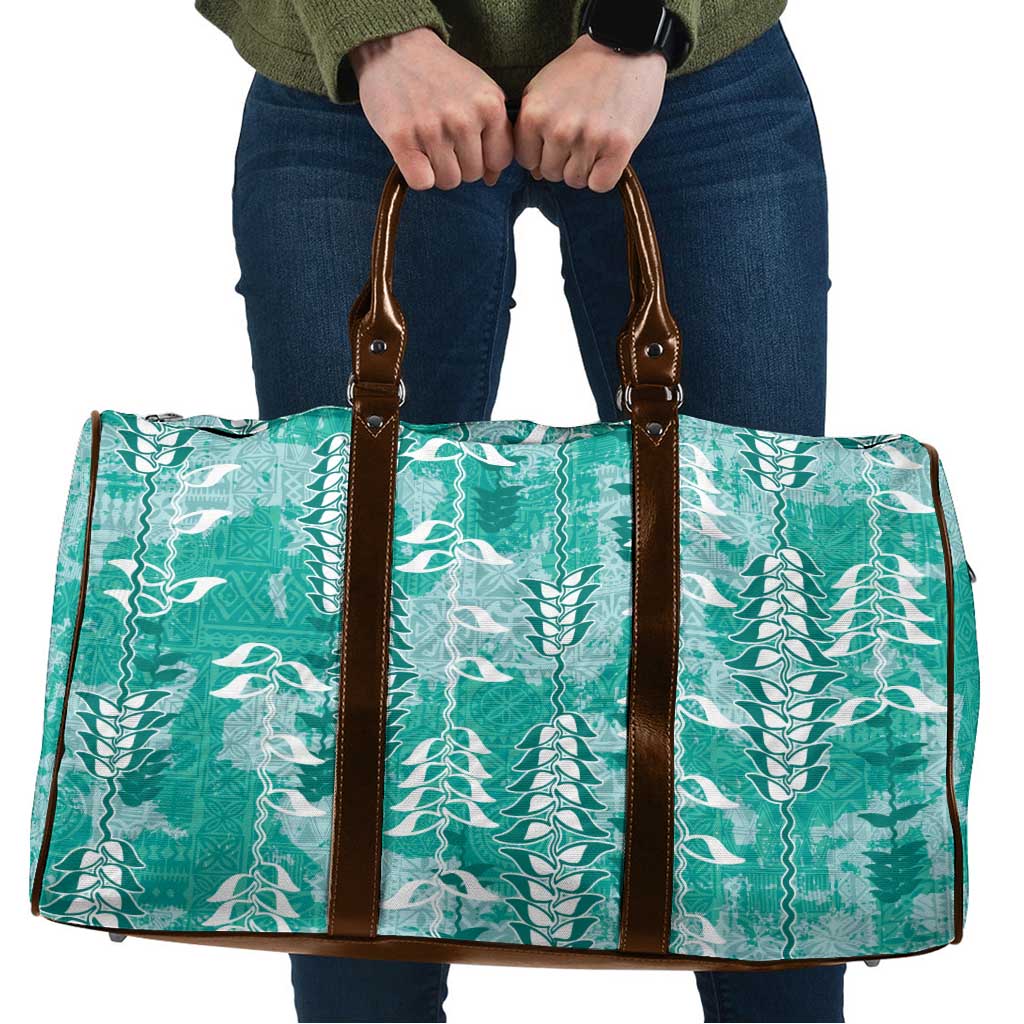 Teal Hawaii Tapa Pattern Travel Bag With Heliconia Vintage Style