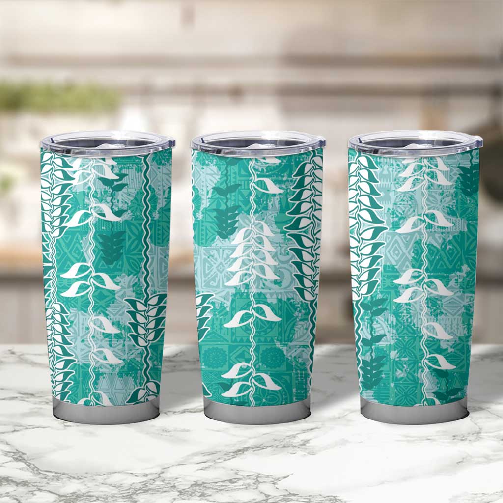 Teal Hawaii Tapa Pattern Tumbler Cup With Heliconia Vintage Style
