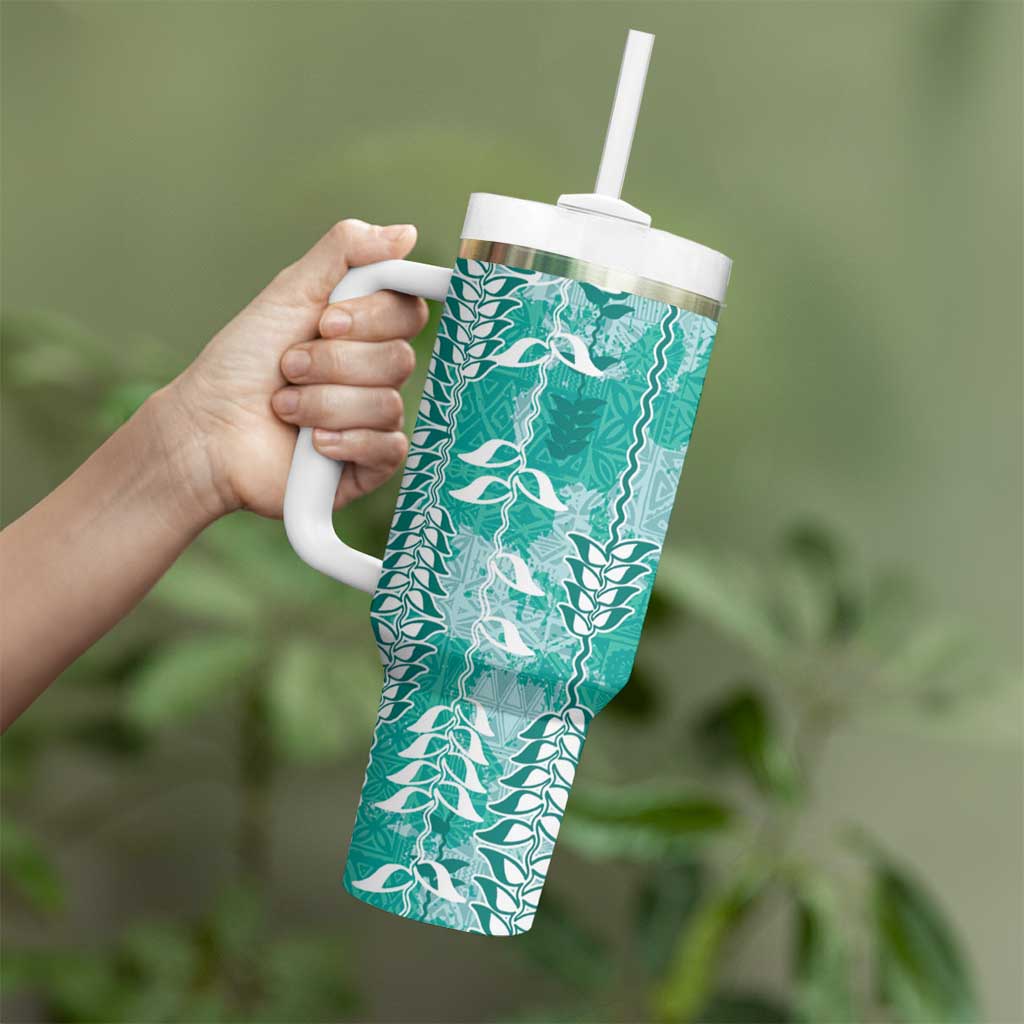 Teal Hawaii Tapa Pattern Tumbler With Handle With Heliconia Vintage Style