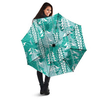 Teal Hawaii Tapa Pattern Umbrella With Heliconia Vintage Style