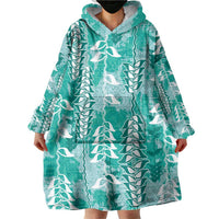 Teal Hawaii Tapa Pattern Wearable Blanket Hoodie With Heliconia Vintage Style
