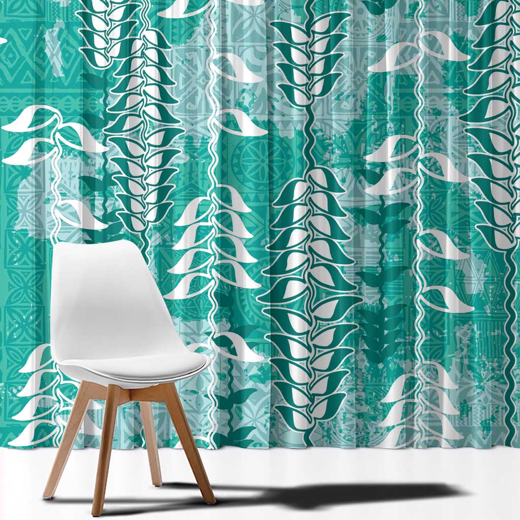 Teal Hawaii Tapa Pattern Window Curtain With Heliconia Vintage Style