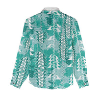 Teal Hawaii Tapa Pattern Women Casual Shirt With Heliconia Vintage Style