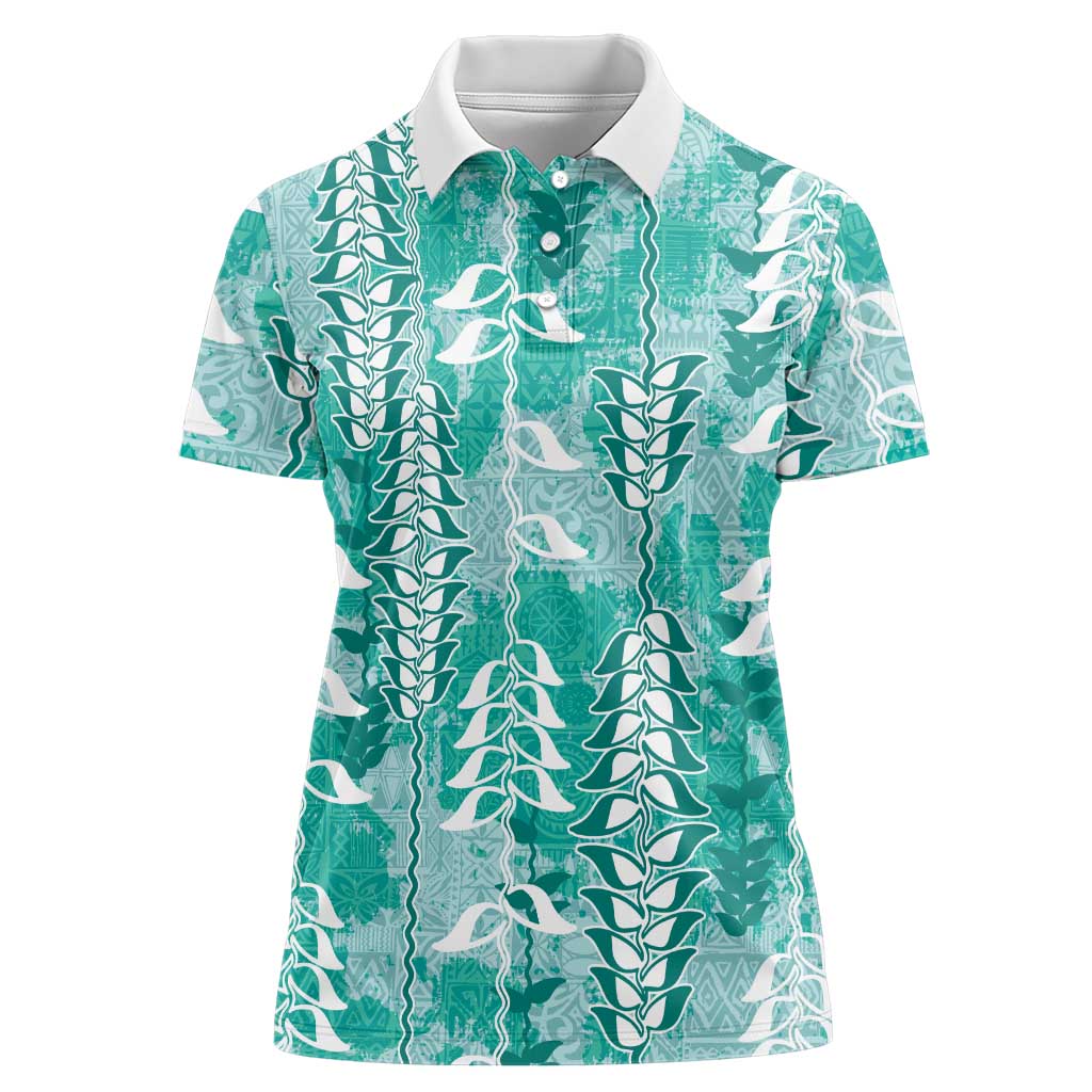 Teal Hawaii Tapa Pattern Women Polo Shirt With Heliconia Vintage Style