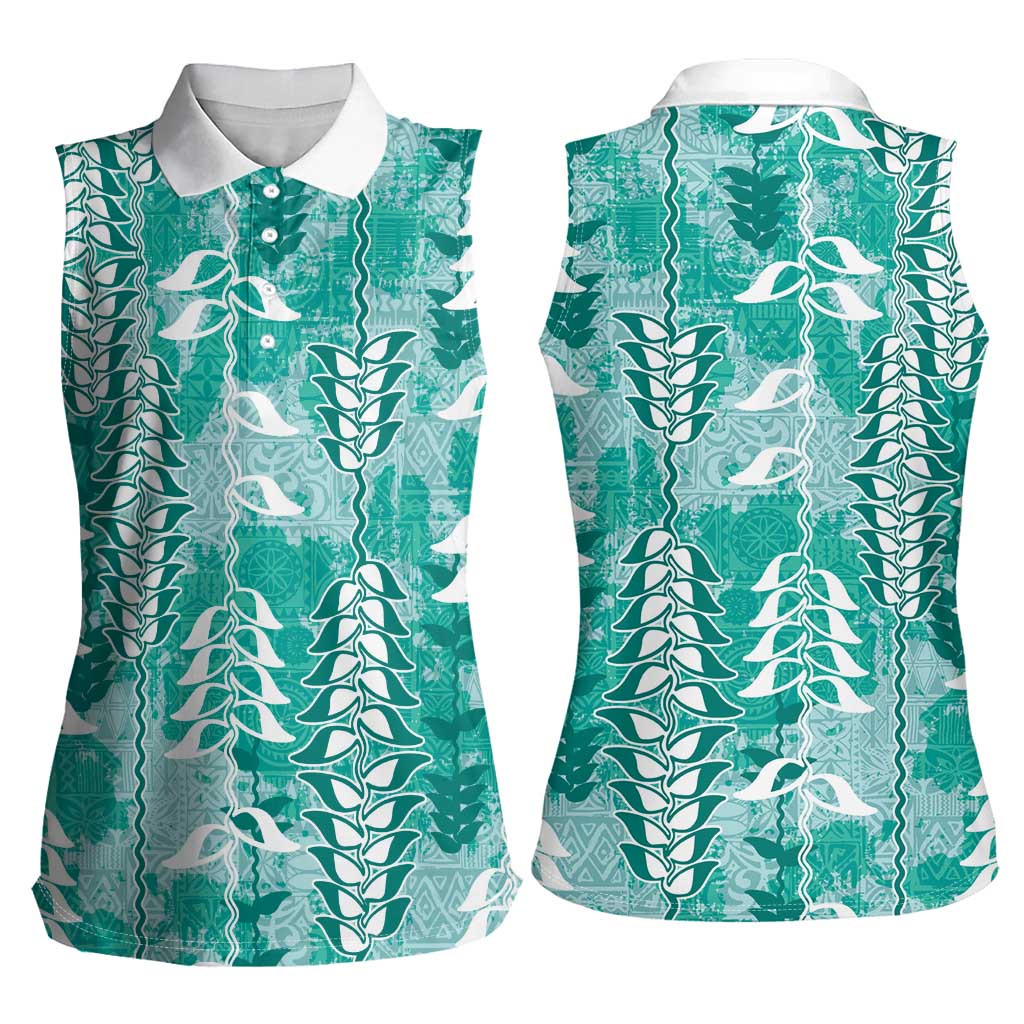 Teal Hawaii Tapa Pattern Women Sleeveless Polo Shirt With Heliconia Vintage Style