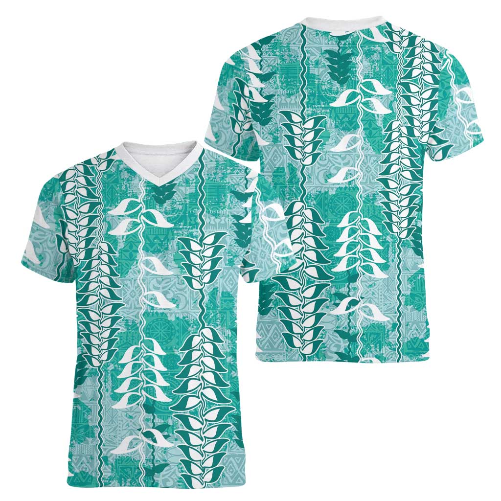 Teal Hawaii Tapa Pattern Women V-Neck T-Shirt With Heliconia Vintage Style