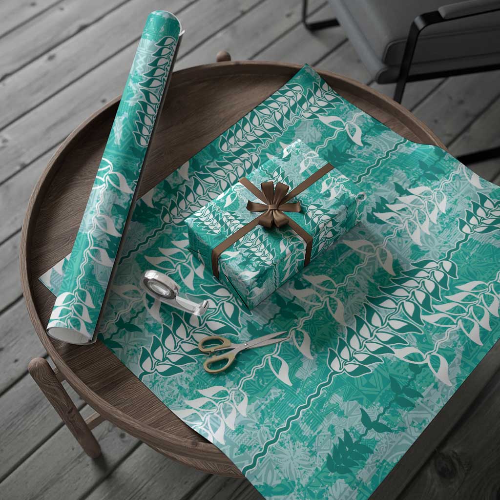 Teal Hawaii Tapa Pattern Wrapping Paper With Heliconia Vintage Style