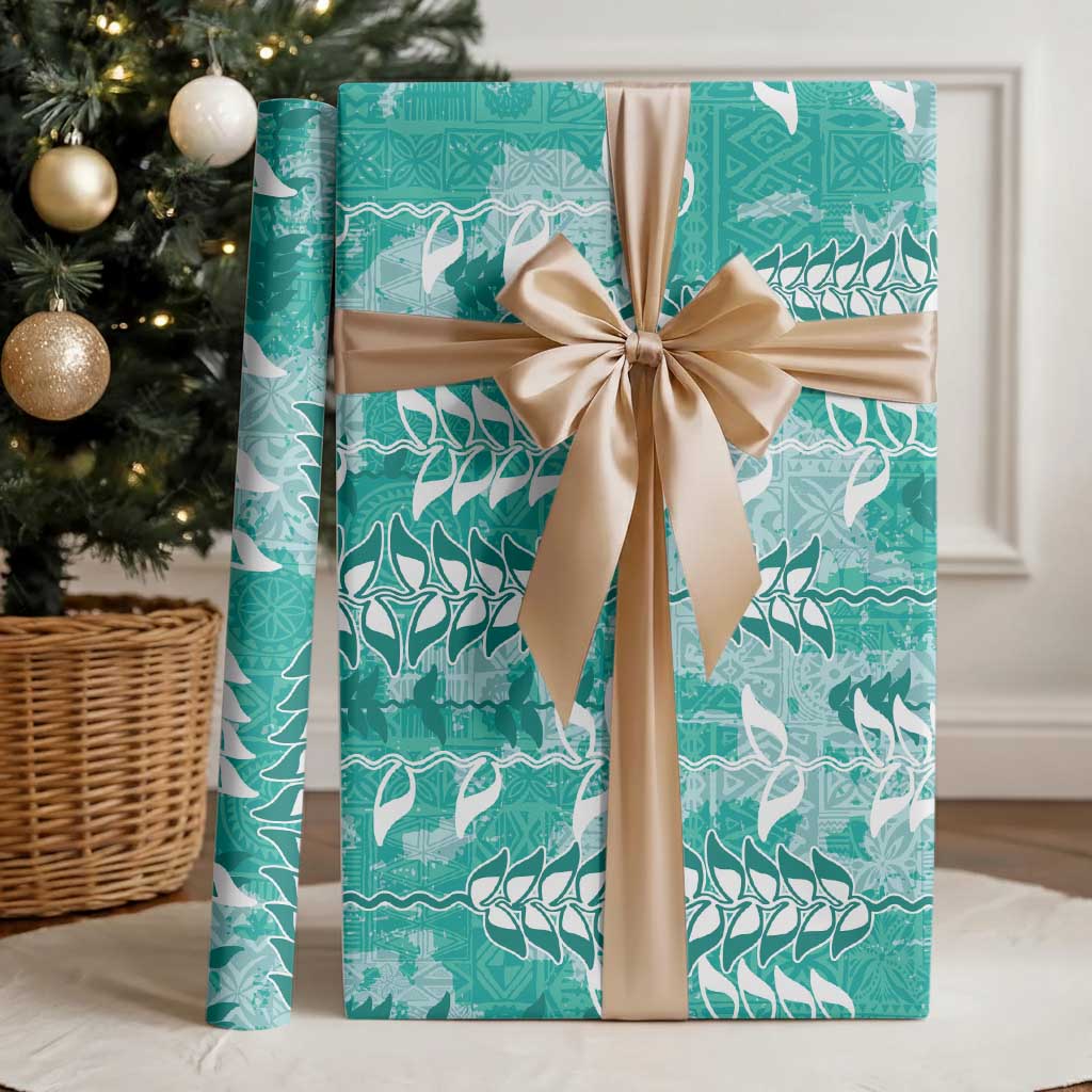 Teal Hawaii Tapa Pattern Wrapping Paper With Heliconia Vintage Style
