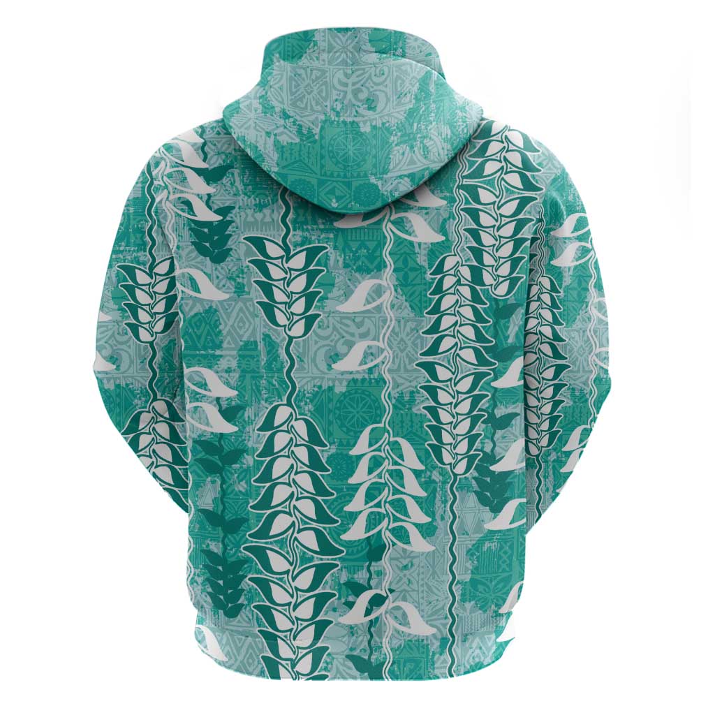 Teal Hawaii Tapa Pattern Zip Hoodie With Heliconia Vintage Style