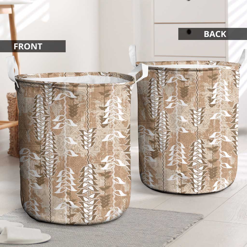 Beige Hawaii Tapa Pattern Laundry Basket With Heliconia Vintage Style