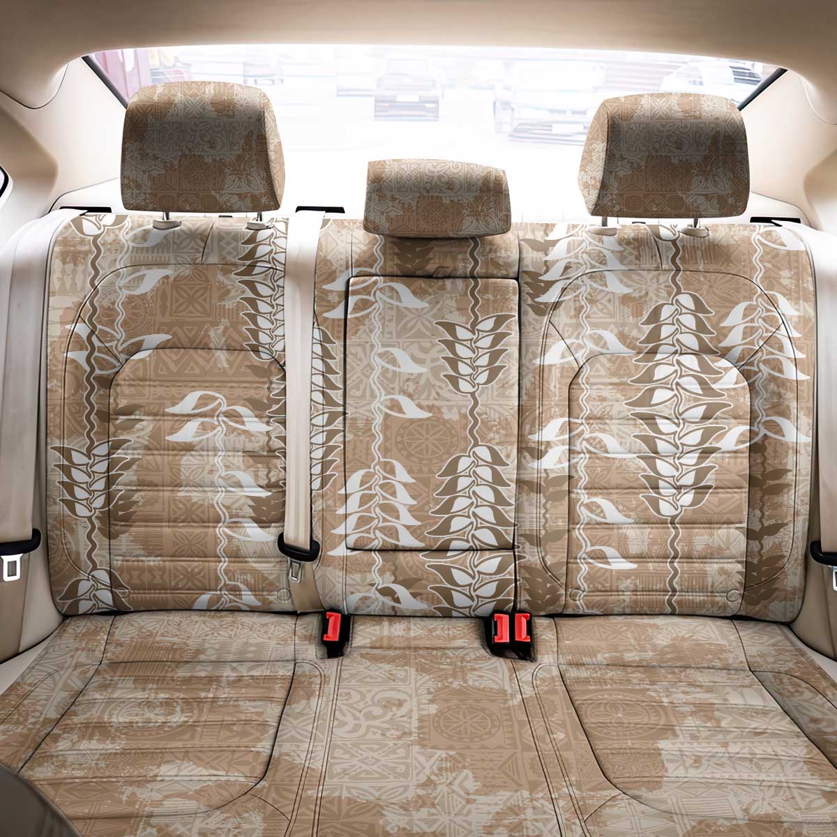 Beige Hawaii Tapa Pattern Back Car Seat Cover With Heliconia Vintage Style