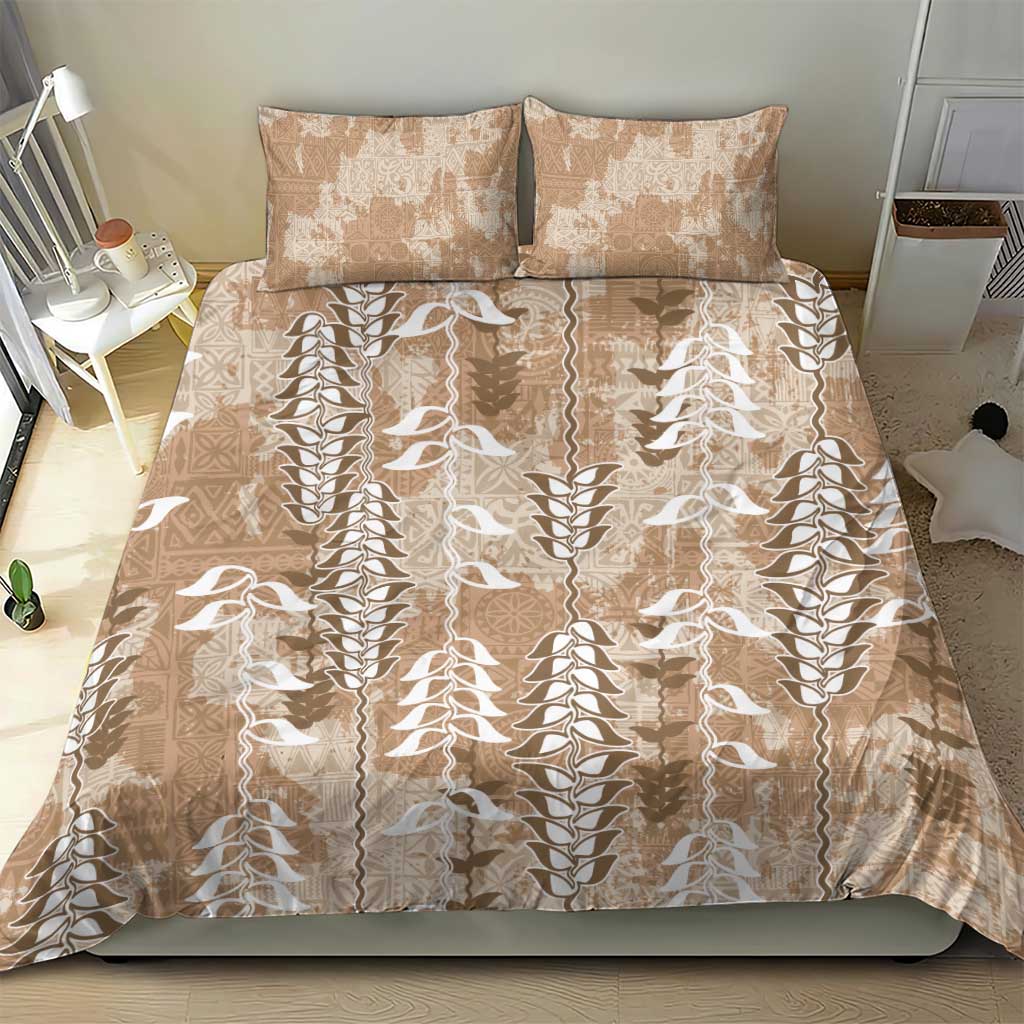 Beige Hawaii Tapa Pattern Bedding Set With Heliconia Vintage Style