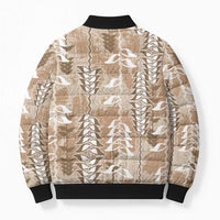 Beige Hawaii Tapa Pattern Bomber Puffer Jacket With Heliconia Vintage Style