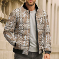Beige Hawaii Tapa Pattern Bomber Puffer Jacket With Heliconia Vintage Style