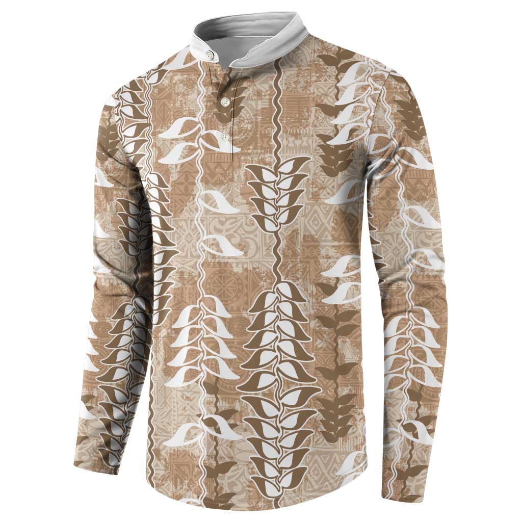 Beige Hawaii Tapa Pattern Button Sweatshirt With Heliconia Vintage Style