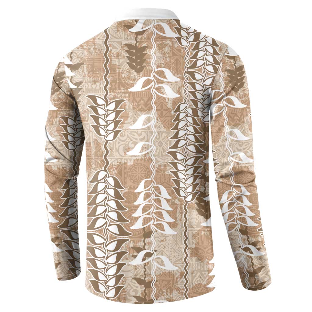 Beige Hawaii Tapa Pattern Button Sweatshirt With Heliconia Vintage Style