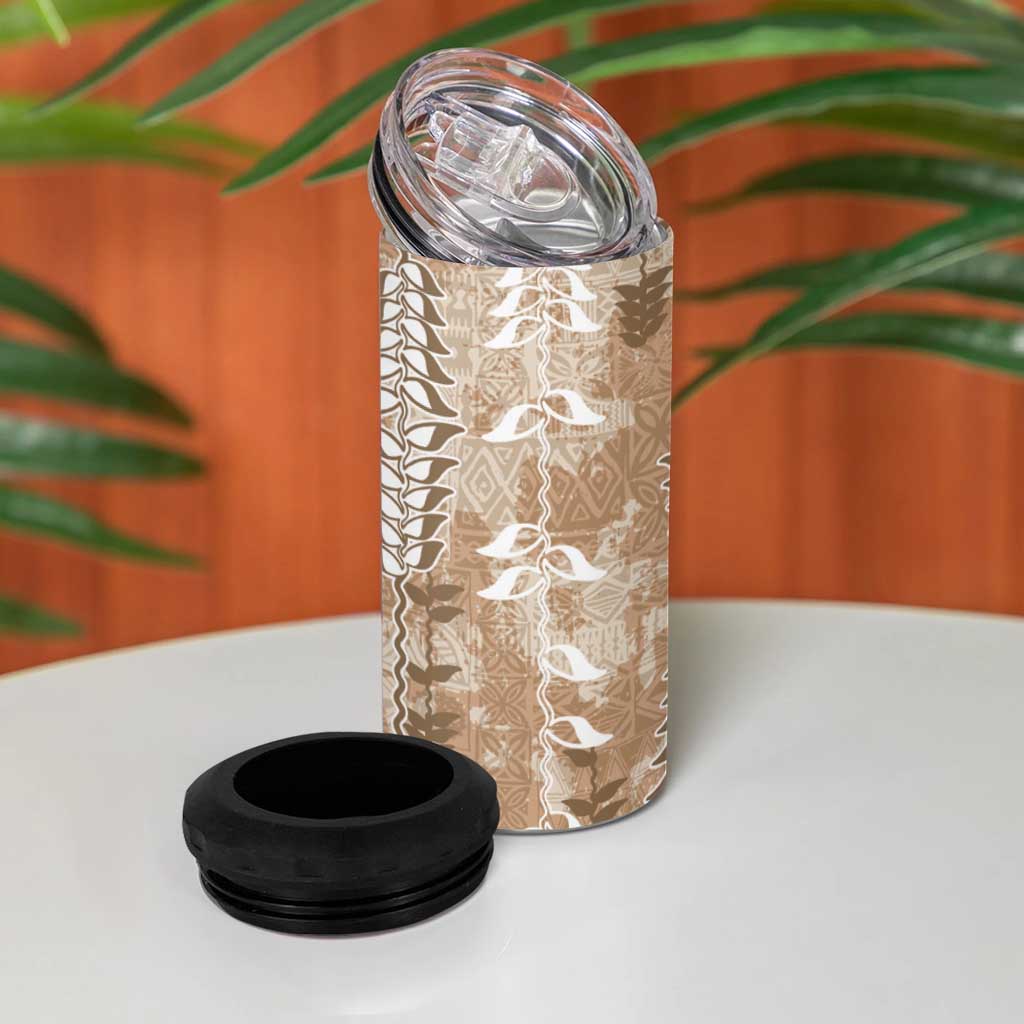 Beige Hawaii Tapa Pattern 4 in 1 Can Cooler Tumbler With Heliconia Vintage Style LT05 - Polynesian Pride