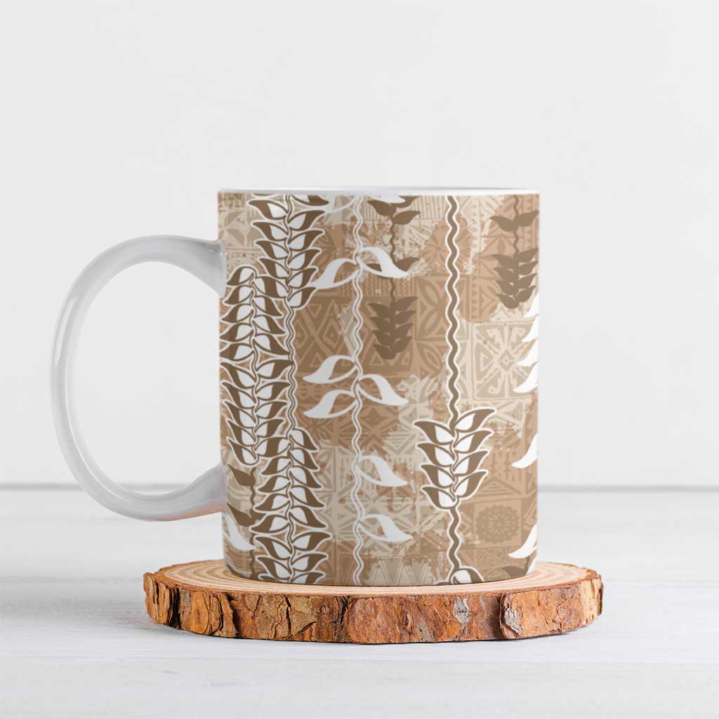 Beige Hawaii Tapa Pattern Ceramic Mug With Heliconia Vintage Style