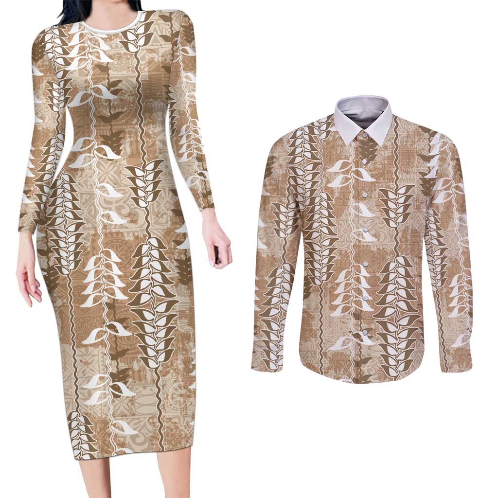 Beige Hawaii Tapa Pattern Couples Matching Long Sleeve Bodycon Dress and Long Sleeve Button Shirt With Heliconia Vintage Style LT05 Beige - Polynesian Pride
