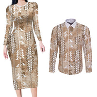 Beige Hawaii Tapa Pattern Couples Matching Long Sleeve Bodycon Dress and Long Sleeve Button Shirt With Heliconia Vintage Style LT05 Beige - Polynesian Pride