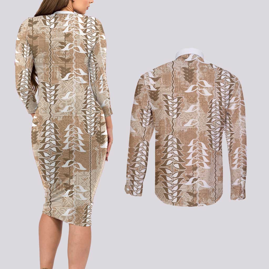 Beige Hawaii Tapa Pattern Couples Matching Long Sleeve Bodycon Dress and Long Sleeve Button Shirt With Heliconia Vintage Style LT05 - Polynesian Pride