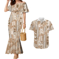 Beige Hawaii Tapa Pattern Couples Matching Mermaid Dress and Hawaiian Shirt With Heliconia Vintage Style LT05 Beige - Polynesian Pride
