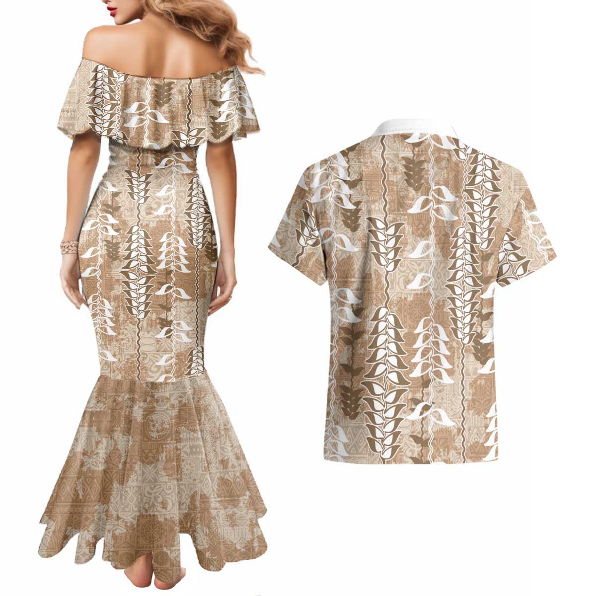 Beige Hawaii Tapa Pattern Couples Matching Mermaid Dress and Hawaiian Shirt With Heliconia Vintage Style LT05 - Polynesian Pride