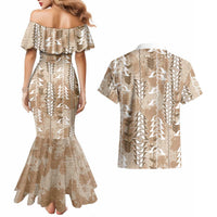 Beige Hawaii Tapa Pattern Couples Matching Mermaid Dress and Hawaiian Shirt With Heliconia Vintage Style LT05 - Polynesian Pride