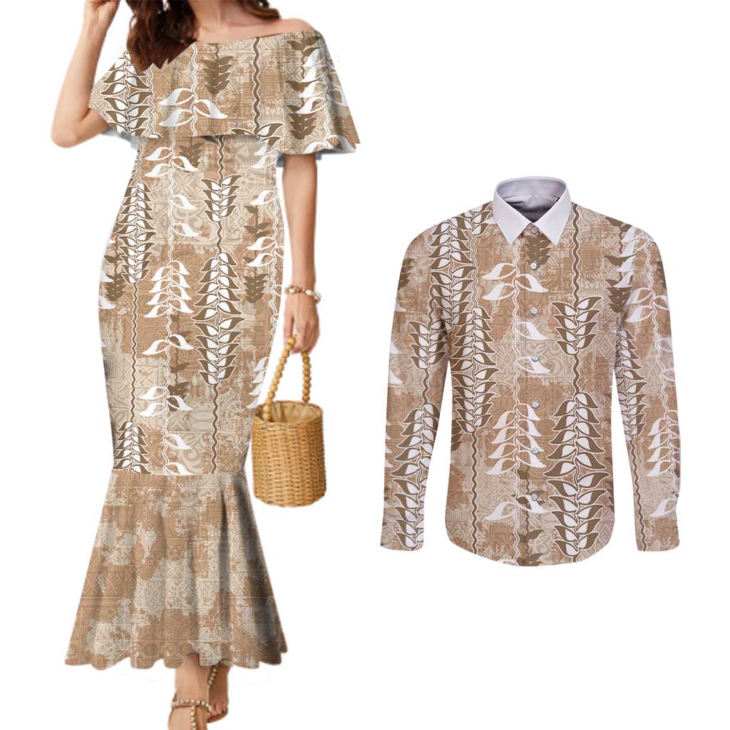 Beige Hawaii Tapa Pattern Couples Matching Mermaid Dress and Long Sleeve Button Shirt With Heliconia Vintage Style