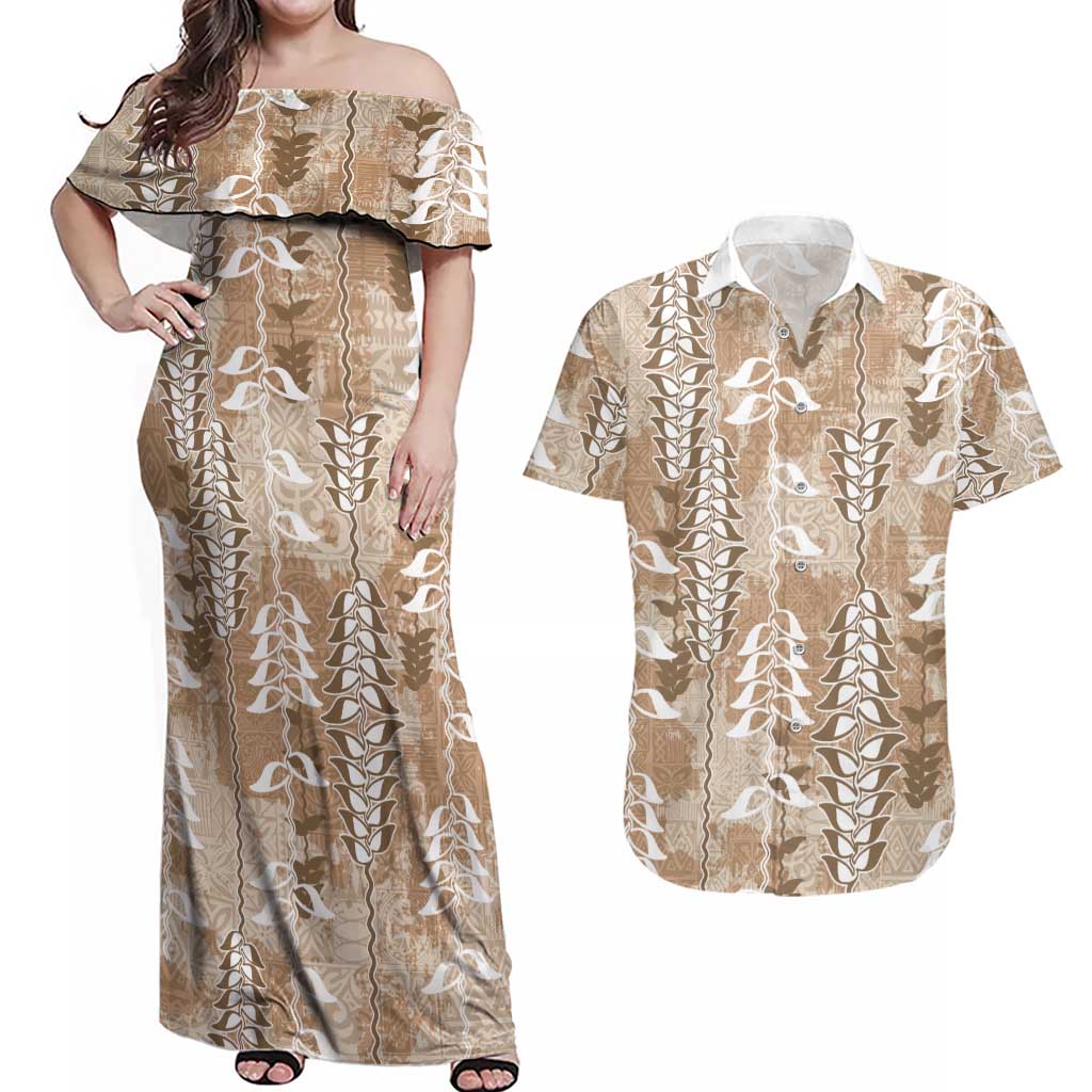 Beige Hawaii Tapa Pattern Couples Matching Off Shoulder Maxi Dress and Hawaiian Shirt With Heliconia Vintage Style