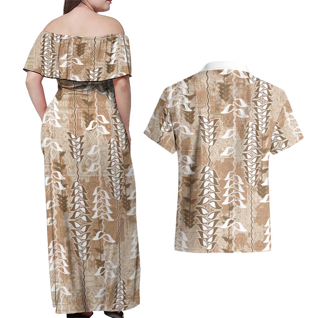 Beige Hawaii Tapa Pattern Couples Matching Off Shoulder Maxi Dress and Hawaiian Shirt With Heliconia Vintage Style