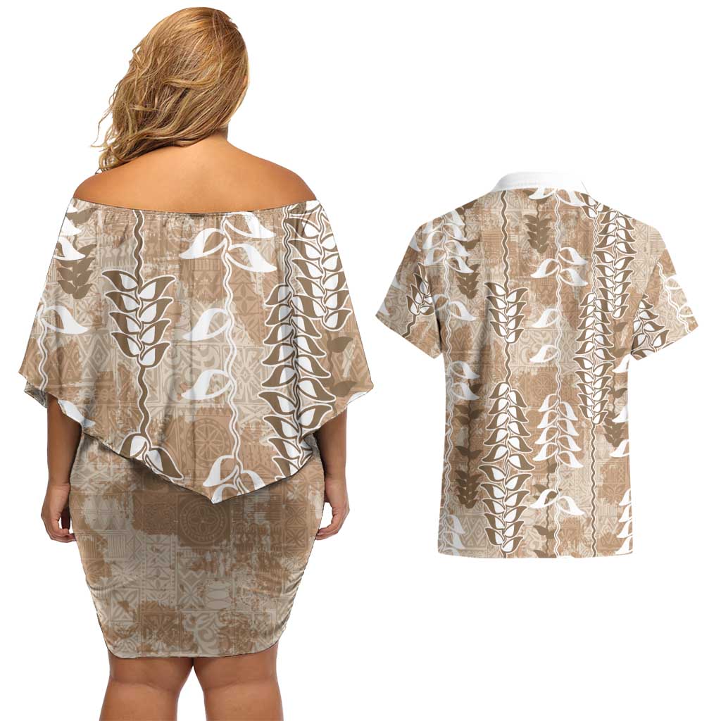 Beige Hawaii Tapa Pattern Couples Matching Off Shoulder Short Dress and Hawaiian Shirt With Heliconia Vintage Style