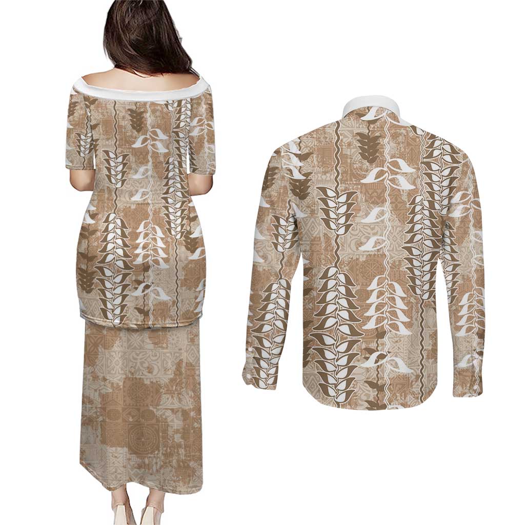 Beige Hawaii Tapa Pattern Couples Matching Puletasi and Long Sleeve Button Shirt With Heliconia Vintage Style