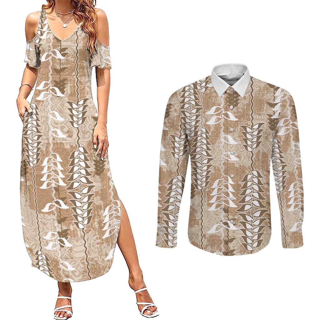 Beige Hawaii Tapa Pattern Couples Matching Summer Maxi Dress and Long Sleeve Button Shirt With Heliconia Vintage Style