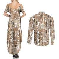 Beige Hawaii Tapa Pattern Couples Matching Summer Maxi Dress and Long Sleeve Button Shirt With Heliconia Vintage Style