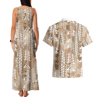 Beige Hawaii Tapa Pattern Couples Matching Tank Maxi Dress and Hawaiian Shirt With Heliconia Vintage Style LT05 - Polynesian Pride