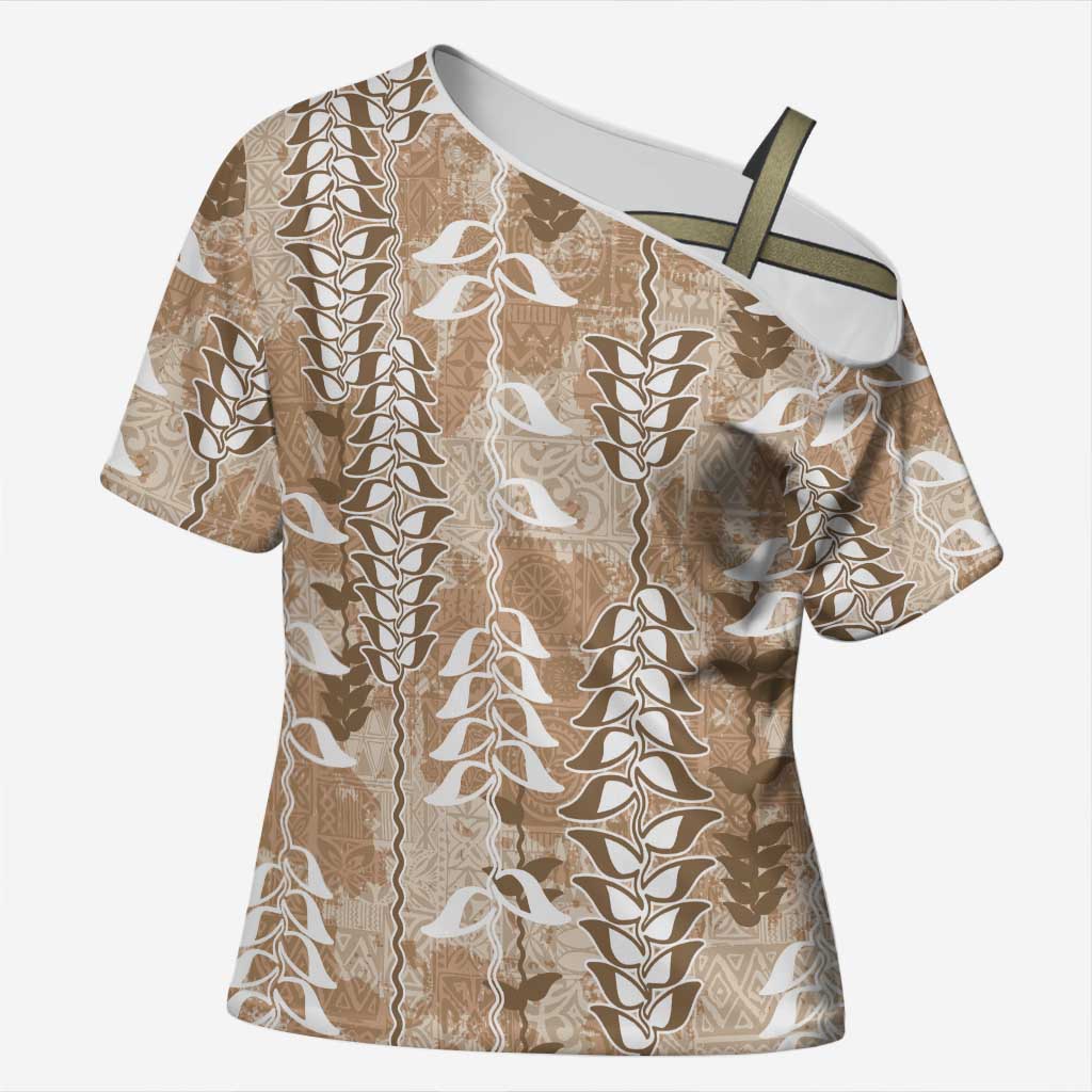 Beige Hawaii Tapa Pattern Cross Shoulder Shirt With Heliconia Vintage Style LT05 Female Beige - Polynesian Pride
